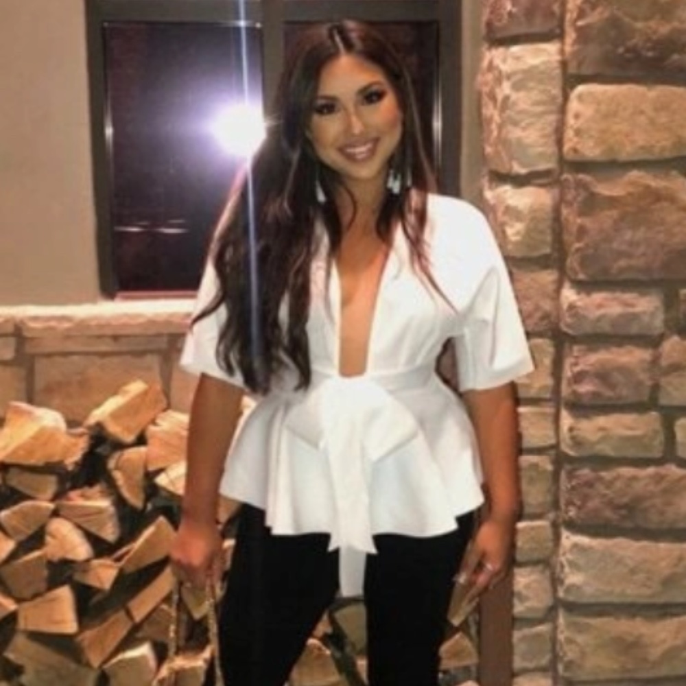 White Peplum Top V-Neck Half Sleeve Front Ties - Picture 8 of 12